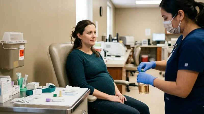 1-hour glucose test in pregnancy with pregnant woman preparing for a routine glucose screening at an outpatient laboratory
