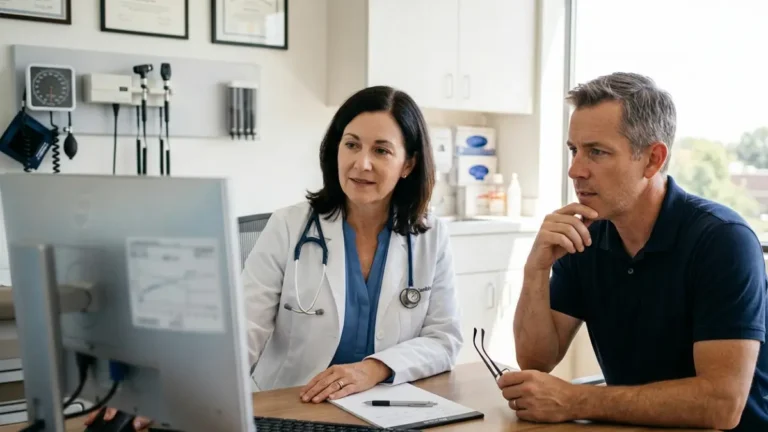 A1C 6.5 consultation between a primary care doctor and an adult patient discussing recent blood test results in a medical office