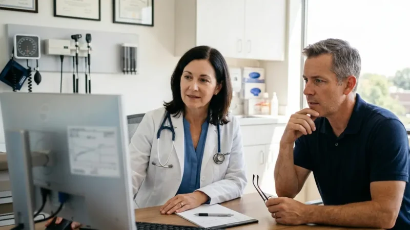 A1C 6.5 consultation between a primary care doctor and an adult patient discussing recent blood test results in a medical office