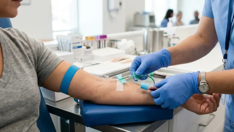 Healthcare professional collecting a venous blood sample for an A1C blood test in a modern clinical laboratory.