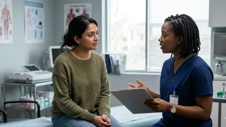 A1C Can't Diagnose every type of diabetes as a patient discusses blood testing with a clinician in a medical examination room