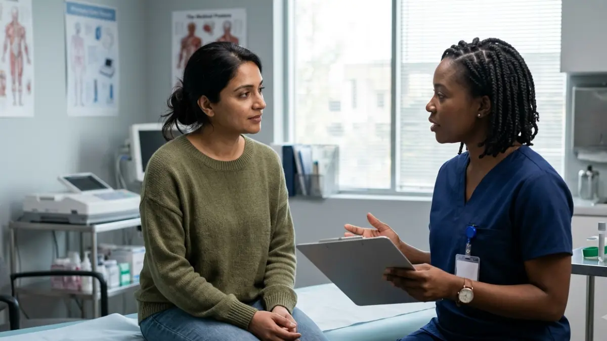 A1C Can't Diagnose every type of diabetes as a patient discusses blood testing with a clinician in a medical examination room