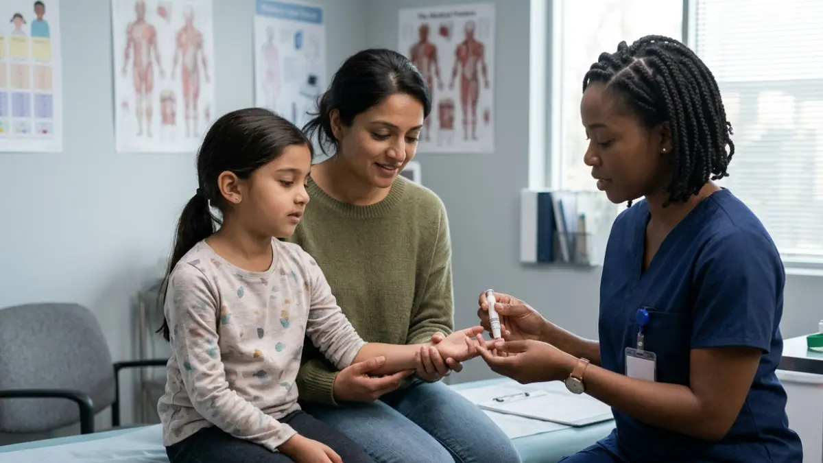 A1C Can't Diagnose rapidly developing type 1 diabetes in a child, shown during an immediate blood glucose assessment