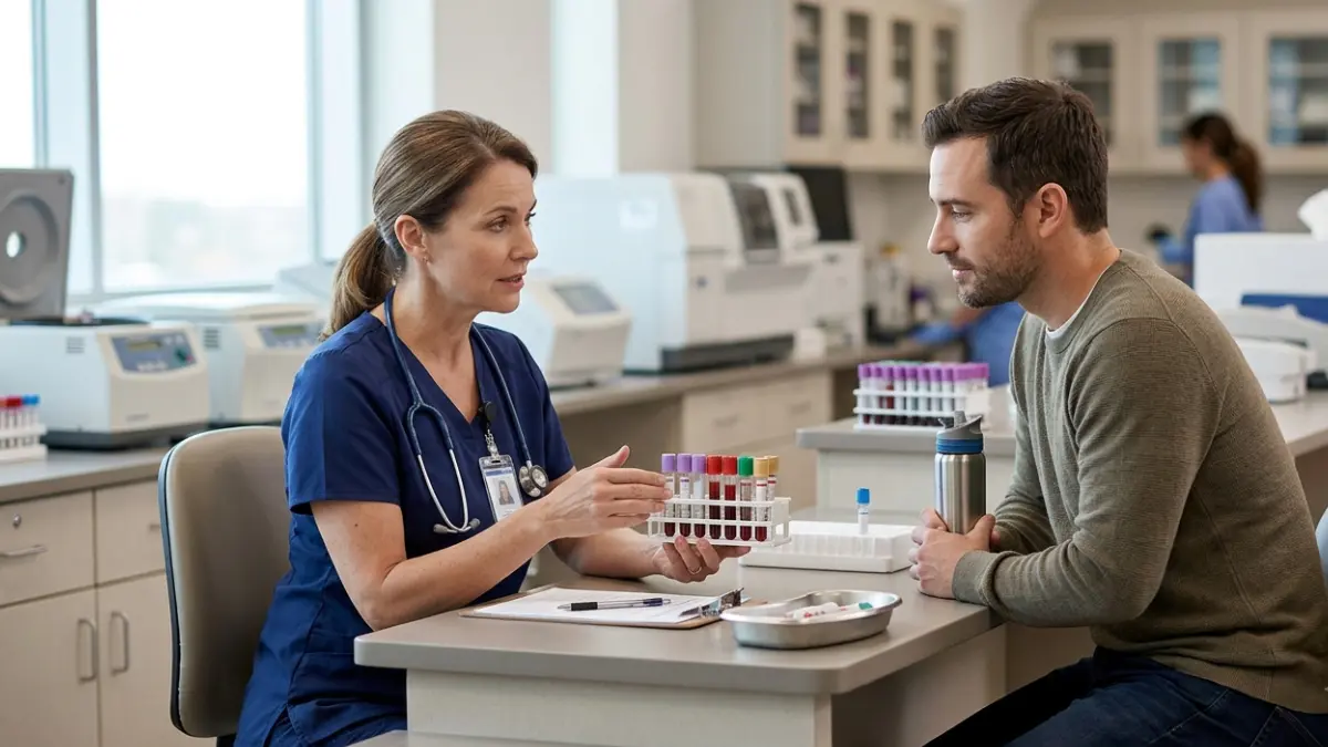 Healthcare professional reviewing additional blood testing related to an A1C Chart interpretation