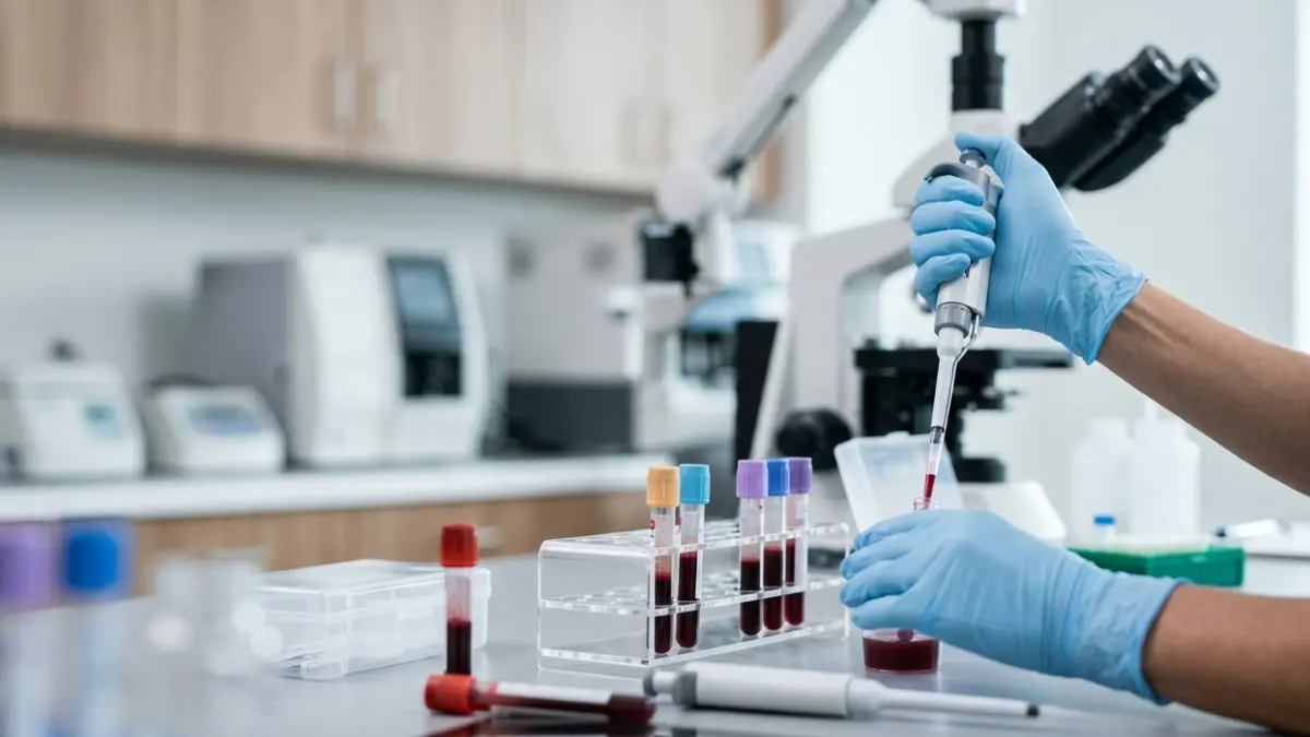 Healthcare professional preparing blood samples for an A1C Chart laboratory blood test