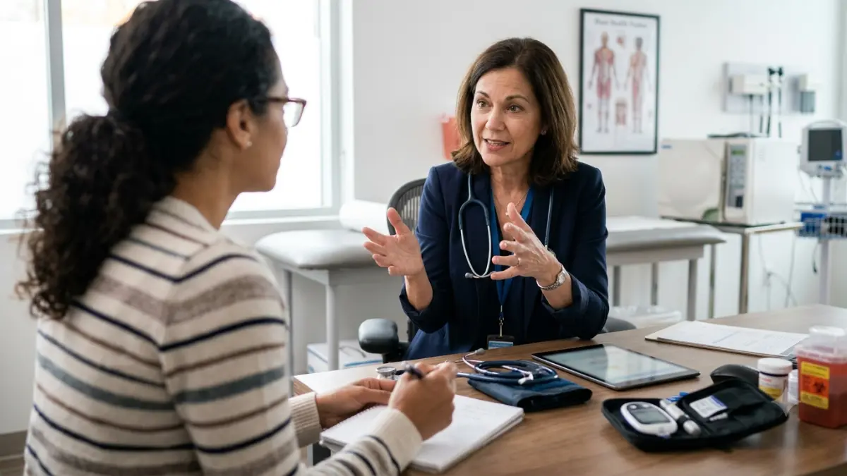 Doctor explaining diagnosis and treatment goals using an A1C Chart during a diabetes consultation
