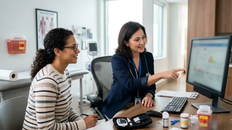 A1C Chart discussion between a primary care physician and an adult patient during a routine diabetes consultation