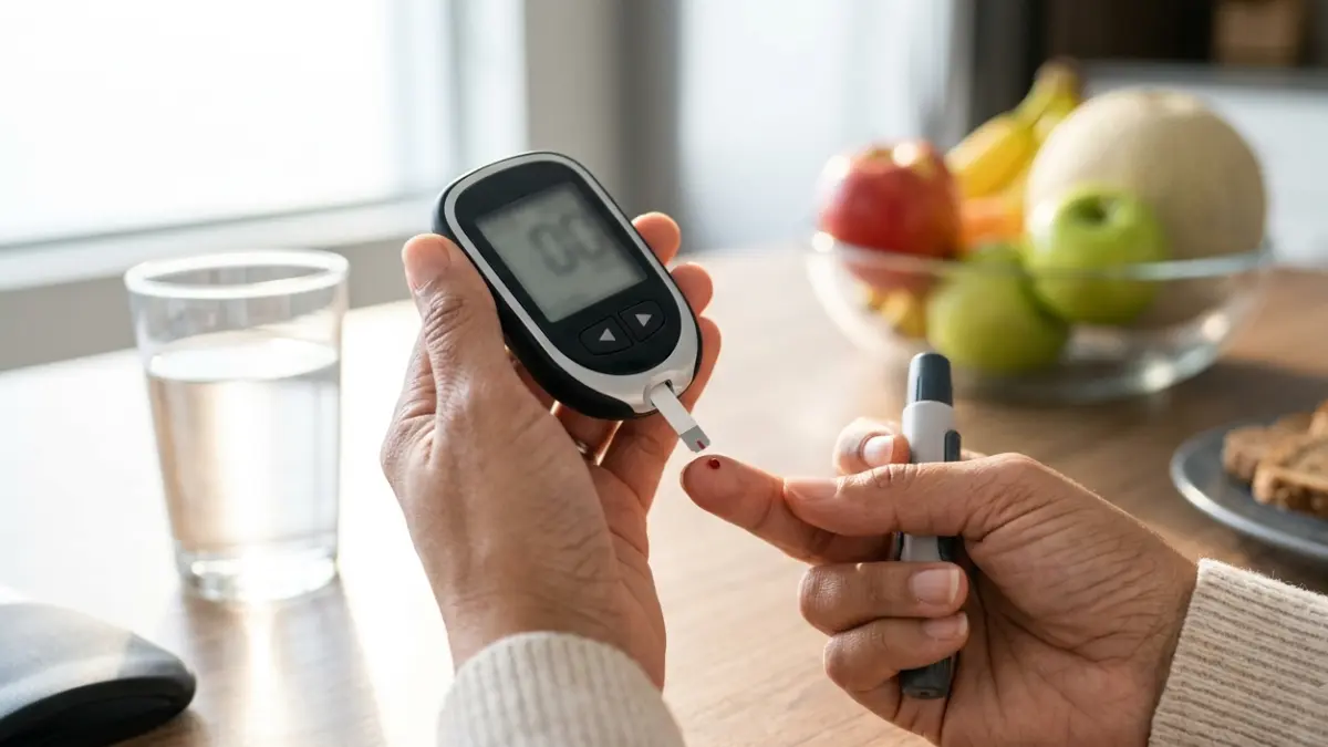 Adult performing a home blood glucose check while learning about the A1C Chart and estimated average glucose
