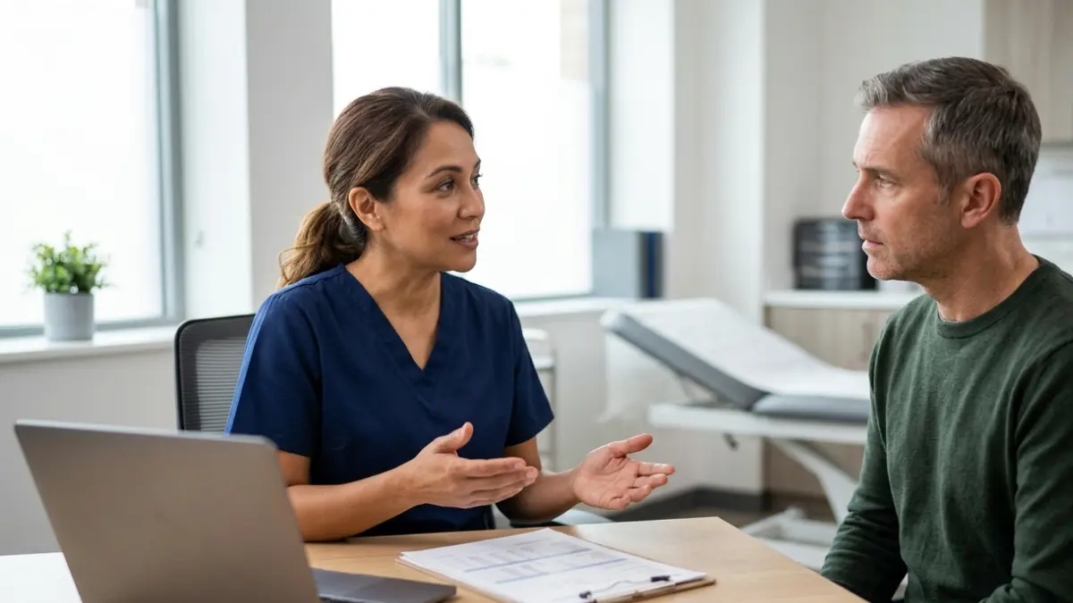 A1C Confirmatory Test consultation between a healthcare professional and an adult patient discussing the need for a repeat diabetes blood test in a modern clinic