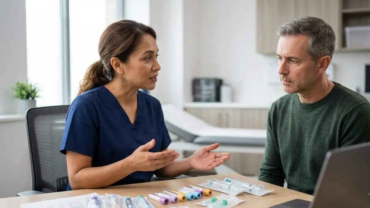 A1C Confirmatory Test discussion as a clinician explains why a repeat blood test is recommended after one elevated A1C result
