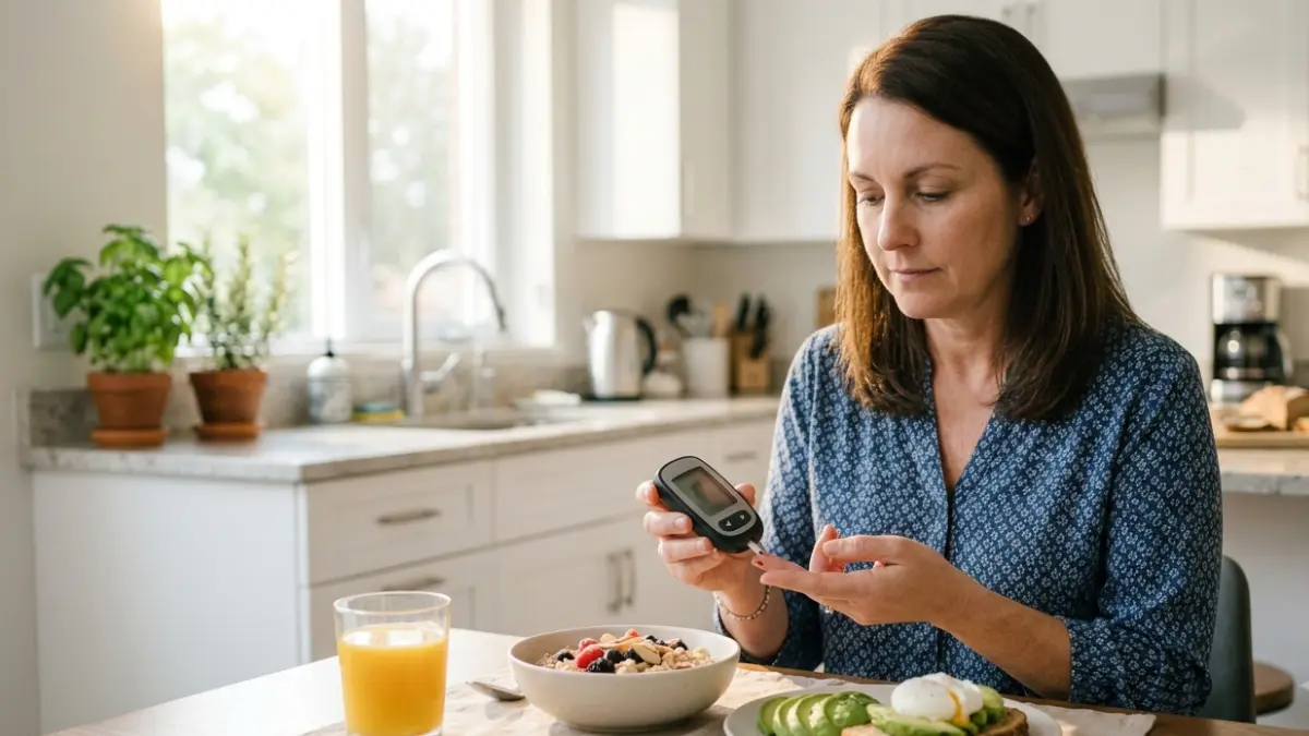 A1C Doesn't Match Your Meter as an adult performs a routine blood glucose check before breakfast using a home glucose meter.