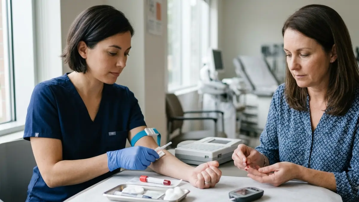 A1C Doesn't Match Your Meter shown through a realistic comparison of a laboratory blood draw and a fingertip glucose test performed during routine diabetes care.