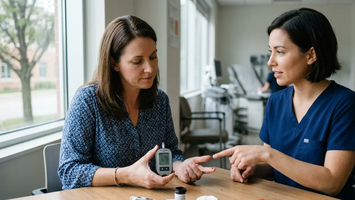 A1C Doesn't Match Your Meter during a discussion between a patient and healthcare professional about home glucose monitoring and A1C testing.