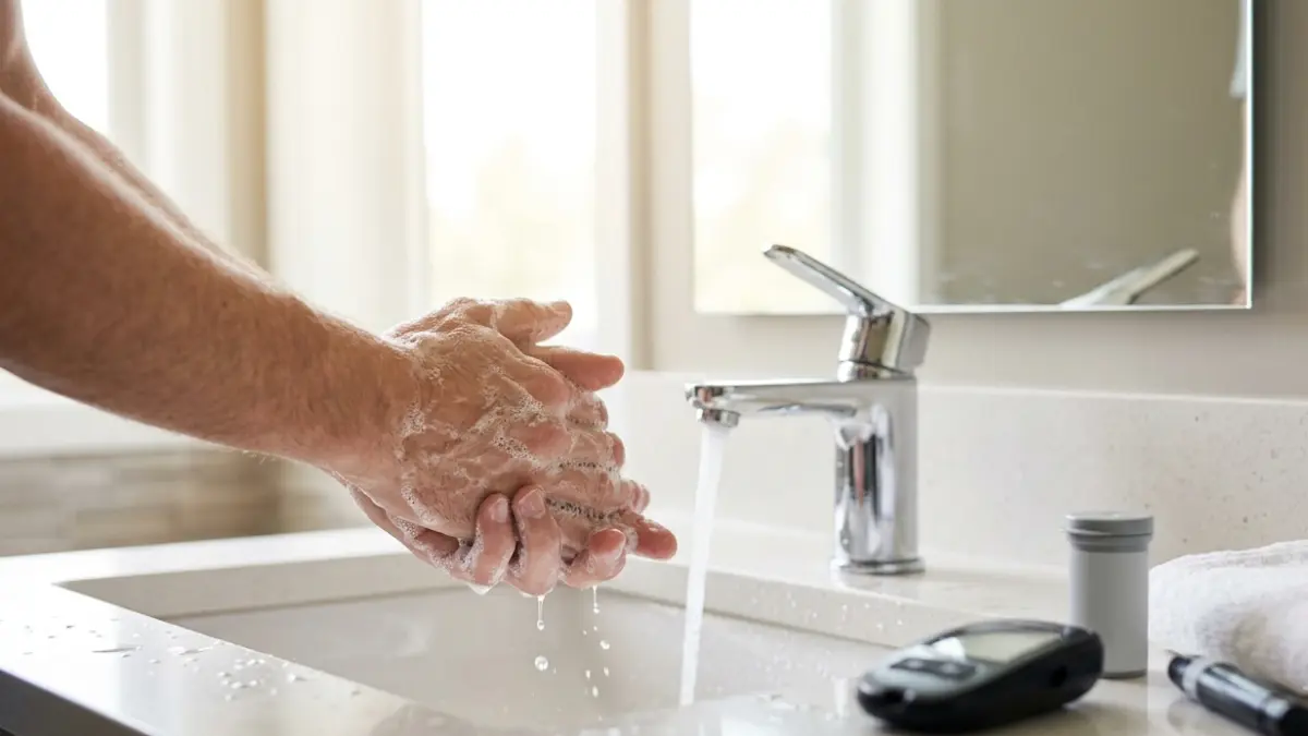 A1C Doesn't Match Your Meter while proper hand washing is performed before using a home blood glucose meter for an accurate reading.