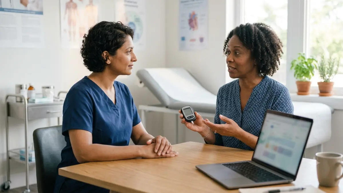 A1C Doesn't Match Your Meter discussed during a realistic consultation between a patient and healthcare professional about blood sugar results.