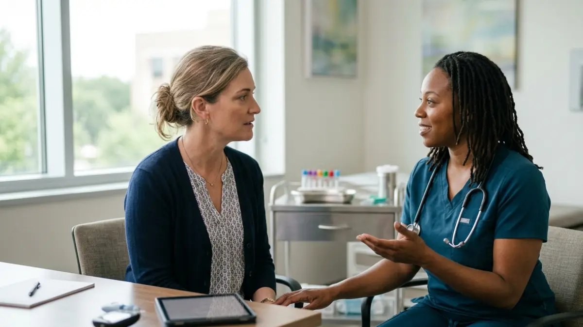 Patient speaking with a healthcare professional about a rapid A1C Drop during a diabetes follow-up consultation.
