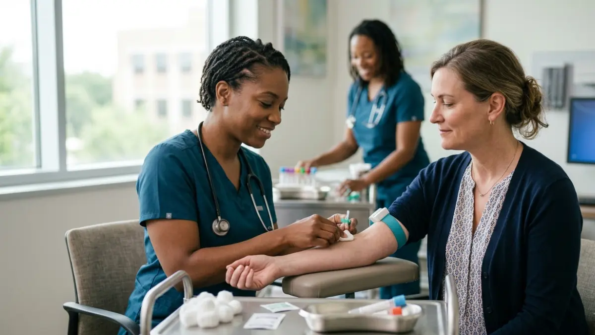 Patient having a routine blood sample collected to monitor an A1C Drop after recent diabetes management changes.