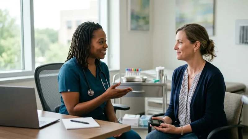 Patient discussing an A1C Drop with a healthcare professional during a routine diabetes follow-up appointment.