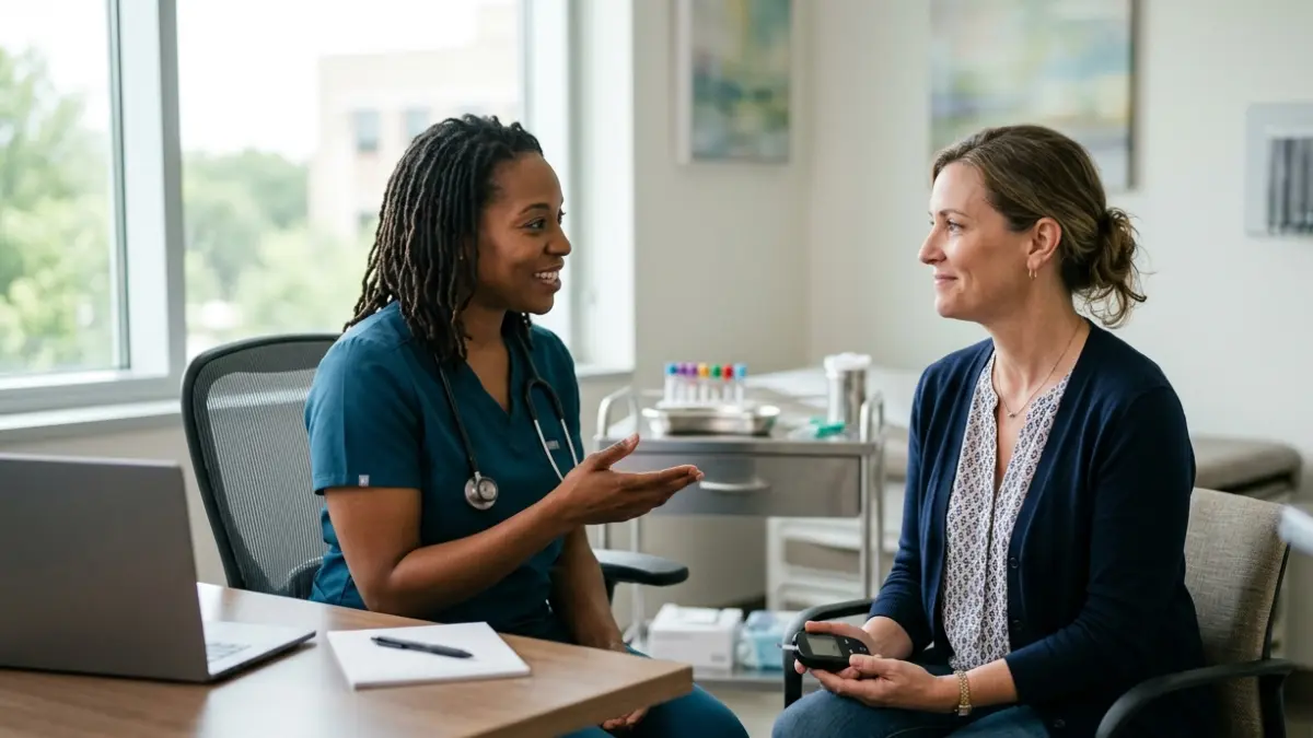 Patient discussing an A1C Drop with a healthcare professional during a routine diabetes follow-up appointment.