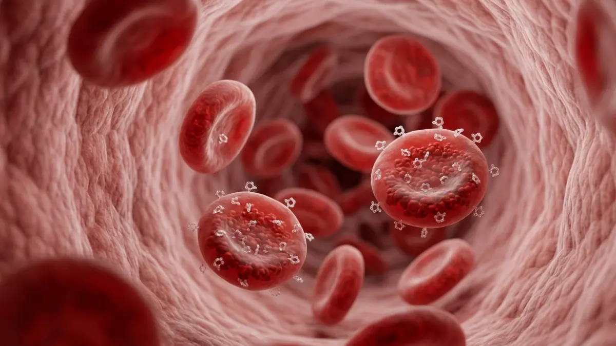 Realistic illustration of red blood cells explaining how glucose attachment influences an A1C Drop over time.