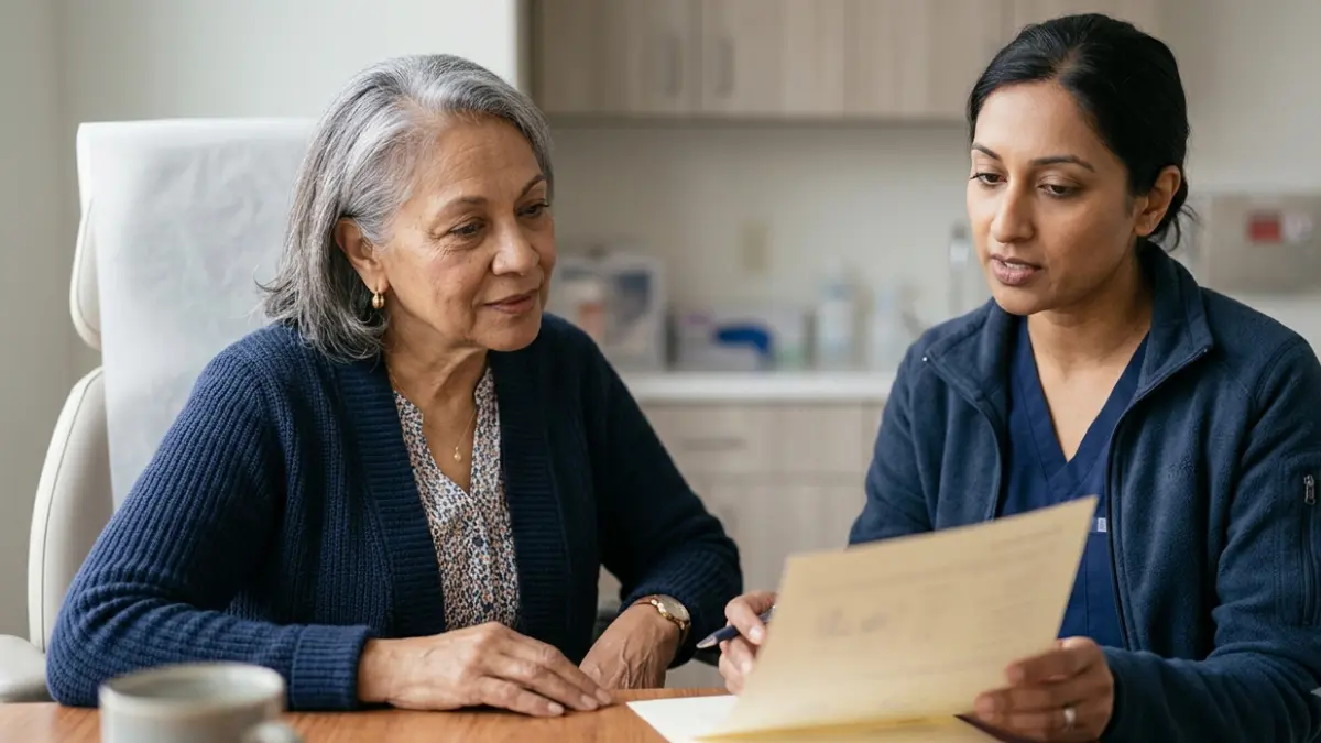 A1C Goal discussion as an older adult reviews diabetes information with a clinician