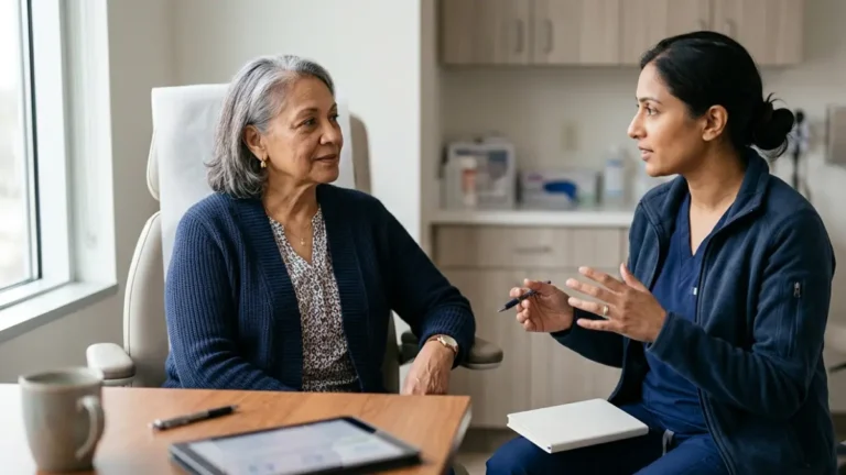 A1C Goal discussion between an older adult and clinician during a diabetes care consultation