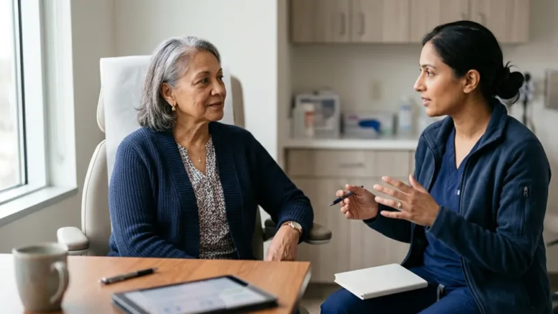 A1C Goal discussion between an older adult and clinician during a diabetes care consultation