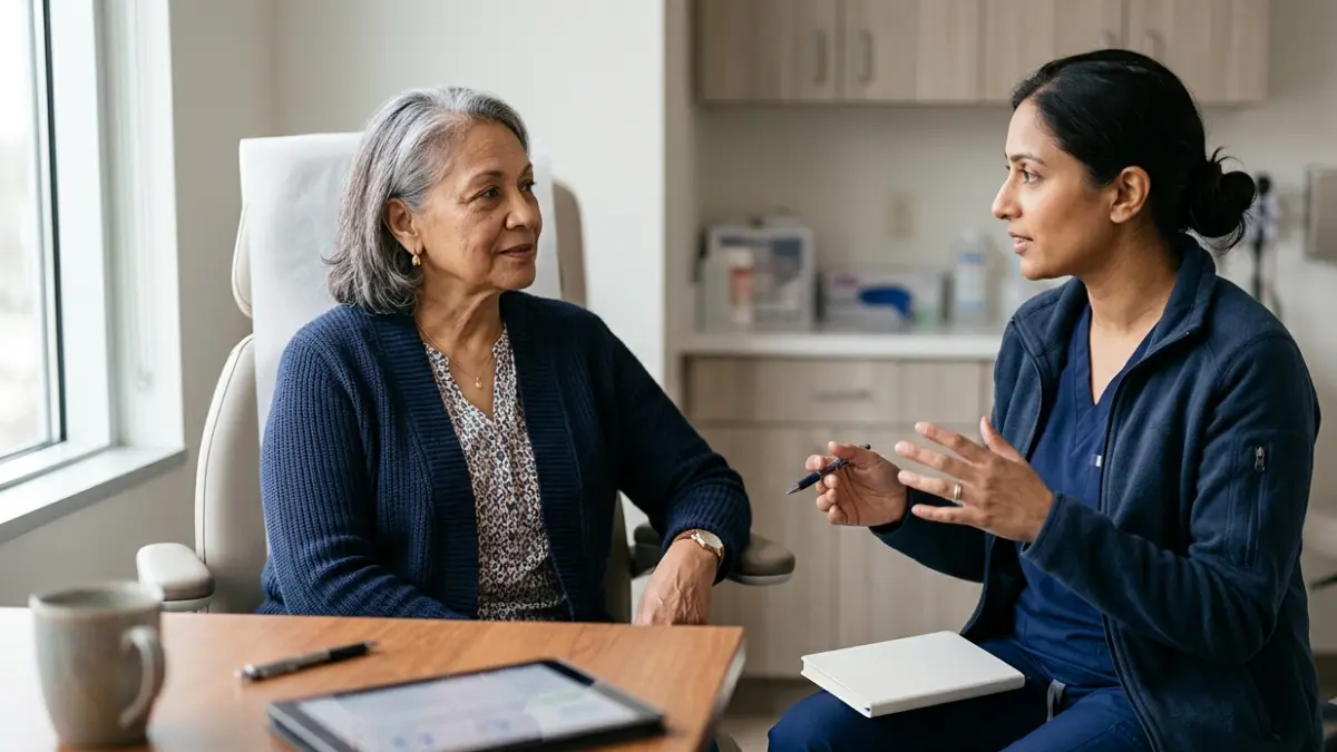A1C Goal discussion between an older adult and clinician during a diabetes care consultation