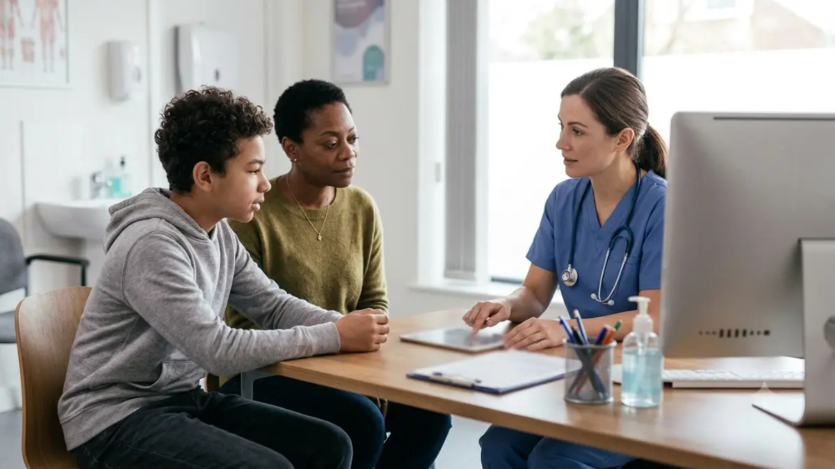 A1C in Children diabetes management discussion between an adolescent, parent, and pediatric clinician