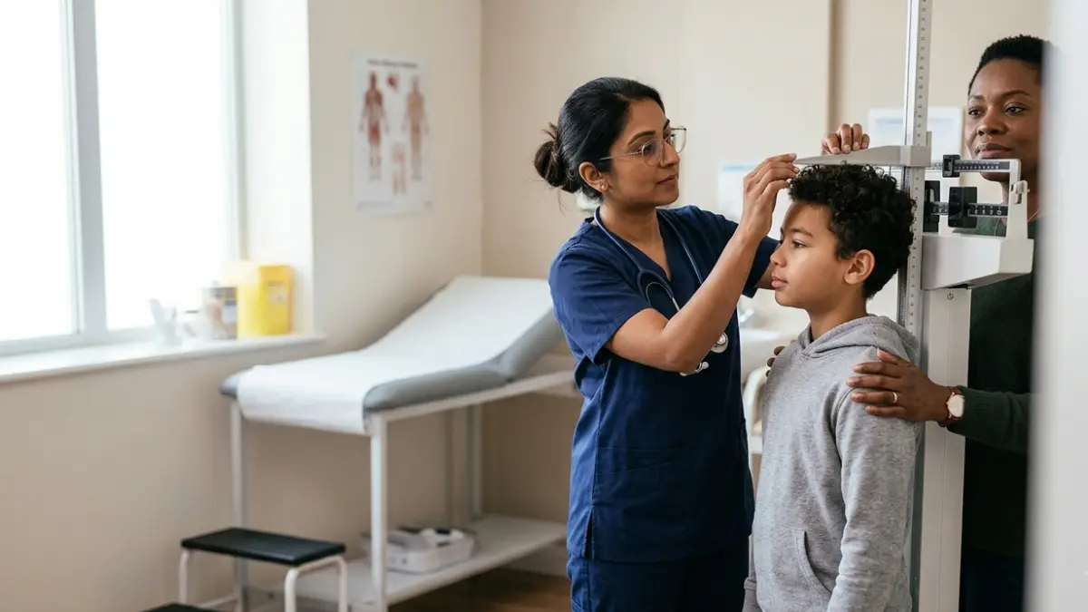 A1C in Children pediatric screening with a clinician measuring an adolescent's height during a routine checkup