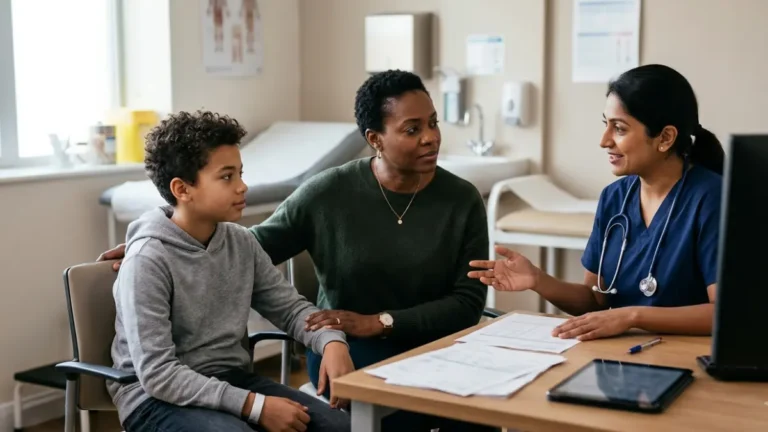 A1C in Children consultation with a pediatrician, parent, and child discussing a blood test