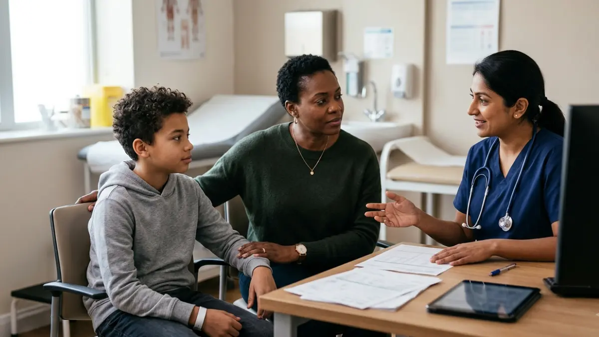 A1C in Children consultation with a pediatrician, parent, and child discussing a blood test