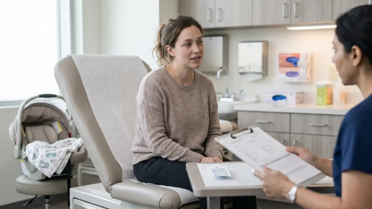 A1C in Pregnancy and postpartum diabetes follow-up discussed between a recently postpartum woman and healthcare professional