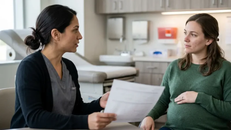 A1C in Pregnancy discussed during a routine prenatal blood testing appointment with a pregnant woman and healthcare professional