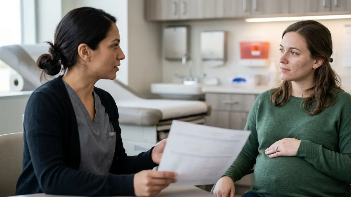 A1C in Pregnancy discussed during a routine prenatal blood testing appointment with a pregnant woman and healthcare professional