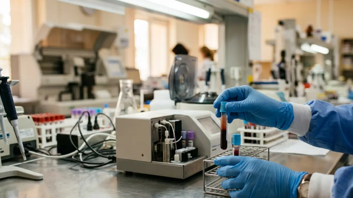 Laboratory technician carefully handling an A1C blood sample for professional analysis.