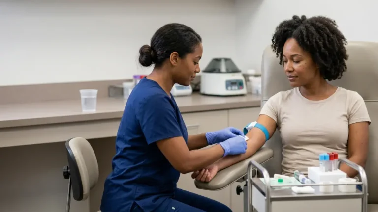 A1C or OGTT blood testing in a clinical laboratory with a patient having a routine blood draw