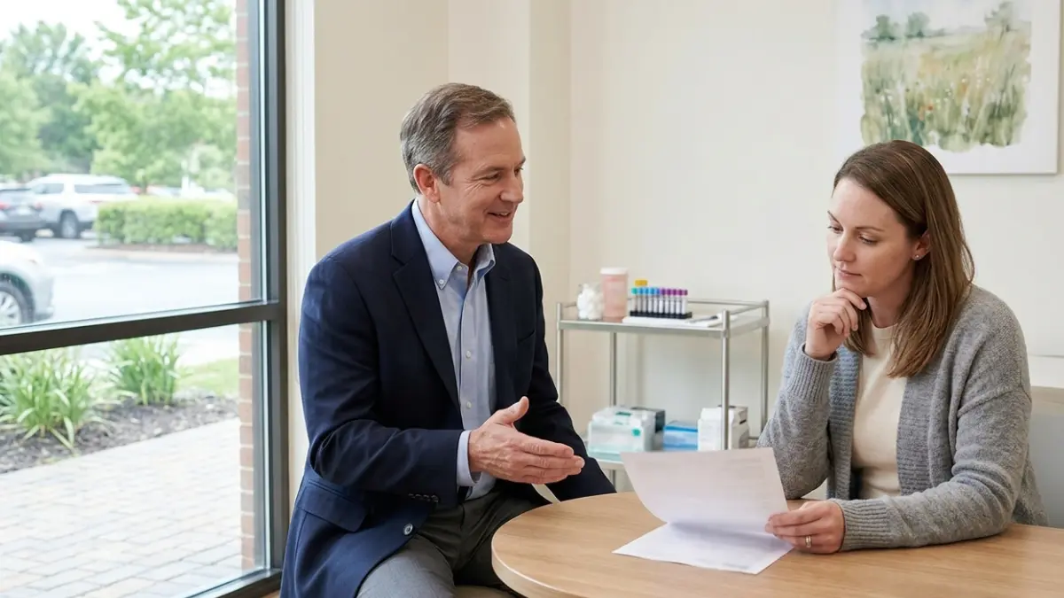 Doctor explaining why an A1C blood test is being ordered during an A1C Test Cost discussion with a patient