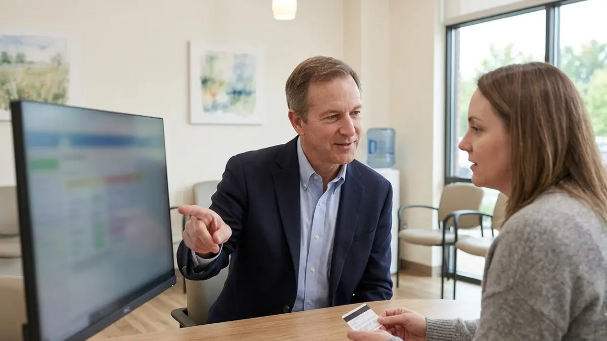 Patient reviewing health insurance coverage before laboratory testing for A1C Test Cost with a clinic representative