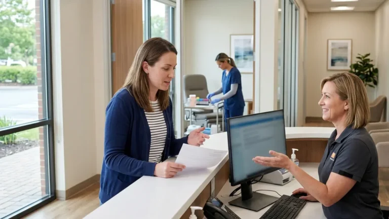 Patient speaking with a laboratory receptionist before scheduling a blood test for A1C Test Cost information