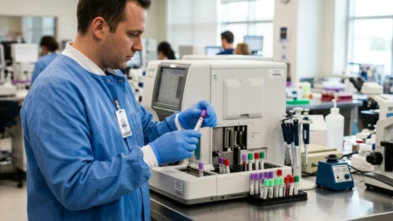 Healthcare professional preparing a blood sample for an A1C test in a modern clinical laboratory.