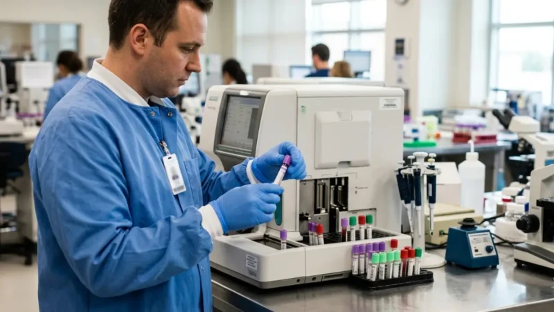 Healthcare professional preparing a blood sample for an A1C test in a modern clinical laboratory.