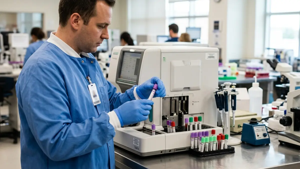 Healthcare professional preparing a blood sample for an A1C test in a modern clinical laboratory.