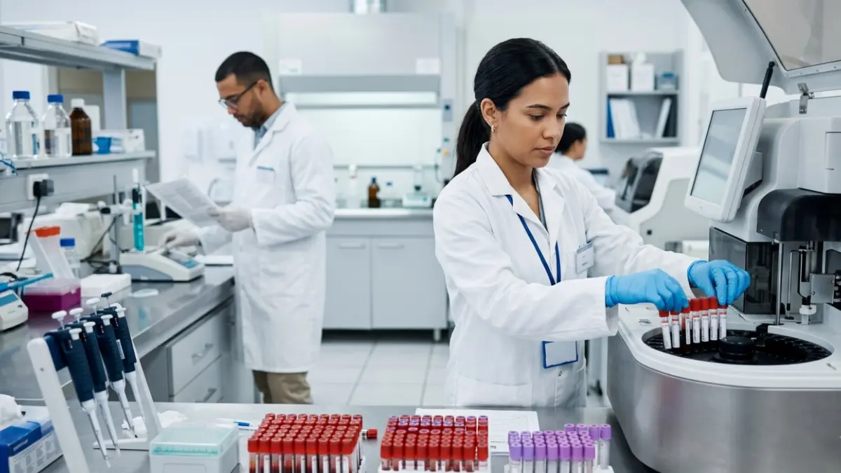 Laboratory scientist performing quality control procedures for an A1C test using automated diagnostic equipment.