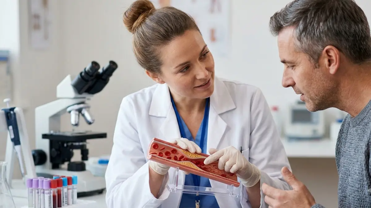 Healthcare professional explaining how red blood cells affect an A1C test during a patient consultation.