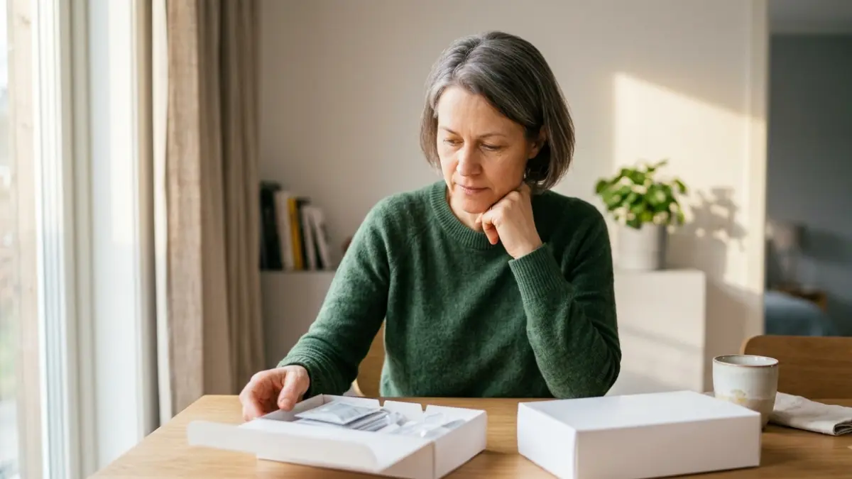 At-Home Cholesterol Test shopper carefully comparing two generic home cholesterol testing kits before making a purchase