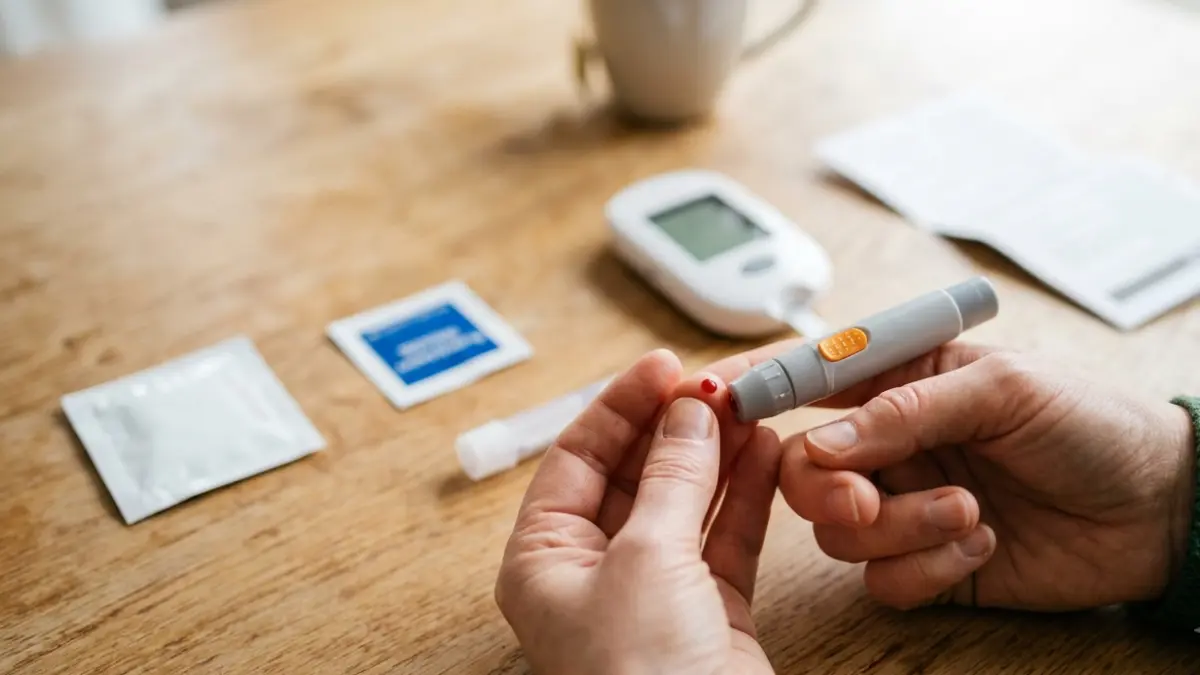 At-Home Cholesterol Test showing the correct fingerstick blood sample collection technique performed with clean sterile equipment