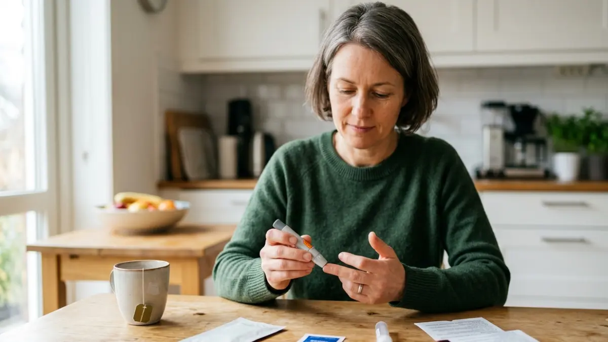 At-Home Cholesterol Test preparation with an adult carefully setting up a fingerstick cholesterol testing kit at home before collecting a blood sample
