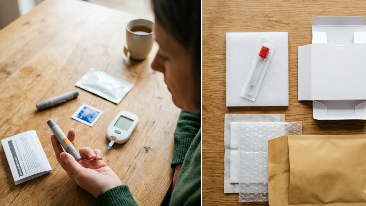 At-Home Cholesterol Test comparison showing a self-read cholesterol kit beside a mail-in blood collection kit for home testing
