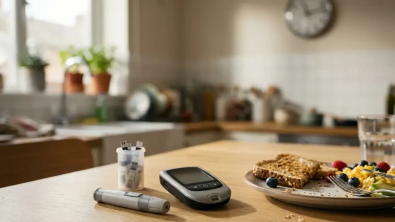 Blood sugar after eating monitored with a home glucose meter beside a healthy breakfast